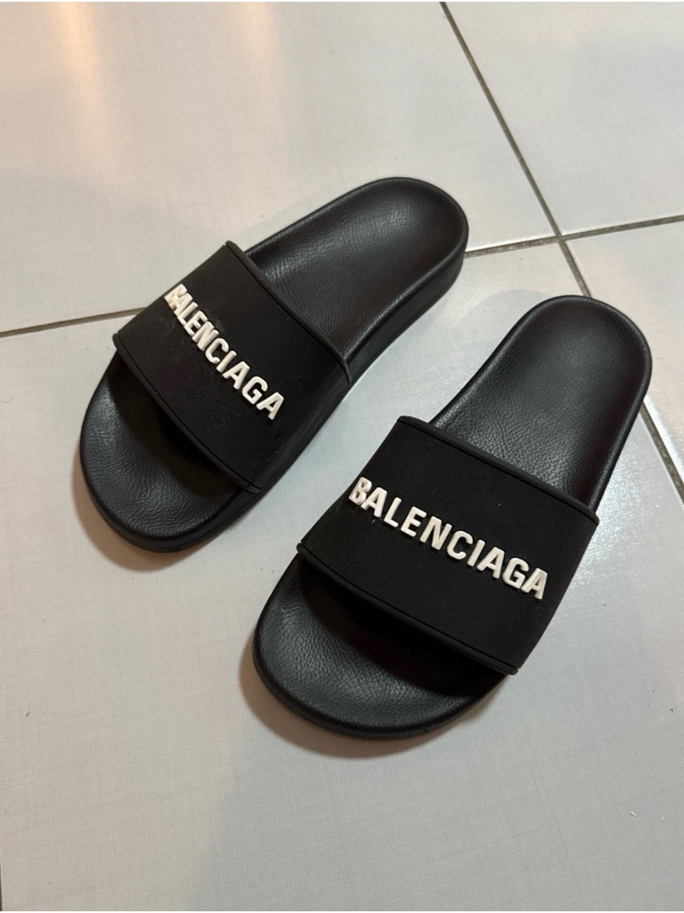 Balenciaga Black Slides with White Logo